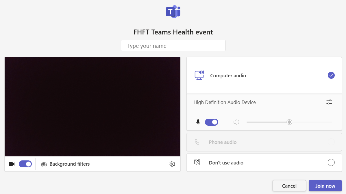 Teams pre-event screen with options to turn camera and mic on and off, other settings, and a text box to add your name
