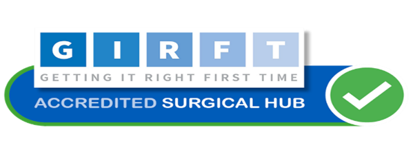 The logo for getting it right first time with the capital letters GIRFT and the wording 'Getting it right first time accredited surgical hub'