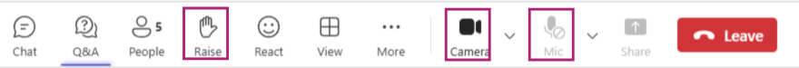 Teams toolbar with 4th, 8th and 9th buttons highlighted i.e. 'raise hand', 'camera on/off' and 'microphone on/off'