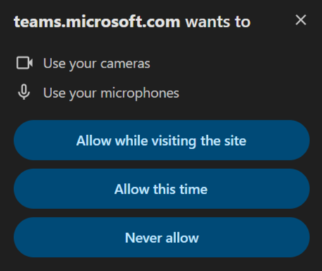 Teams mic and camera permissions popup with buttons to allow never, once only, or always